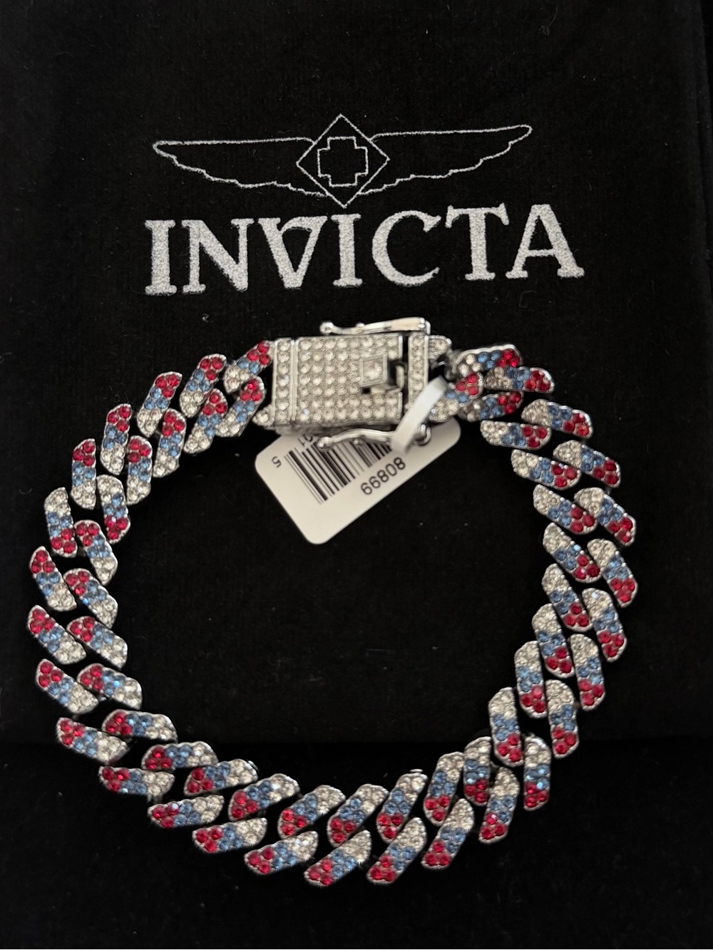 Invicta Crystal-Studded Bracelet — Red & Light Blue on Silver-Tone with dust bag
